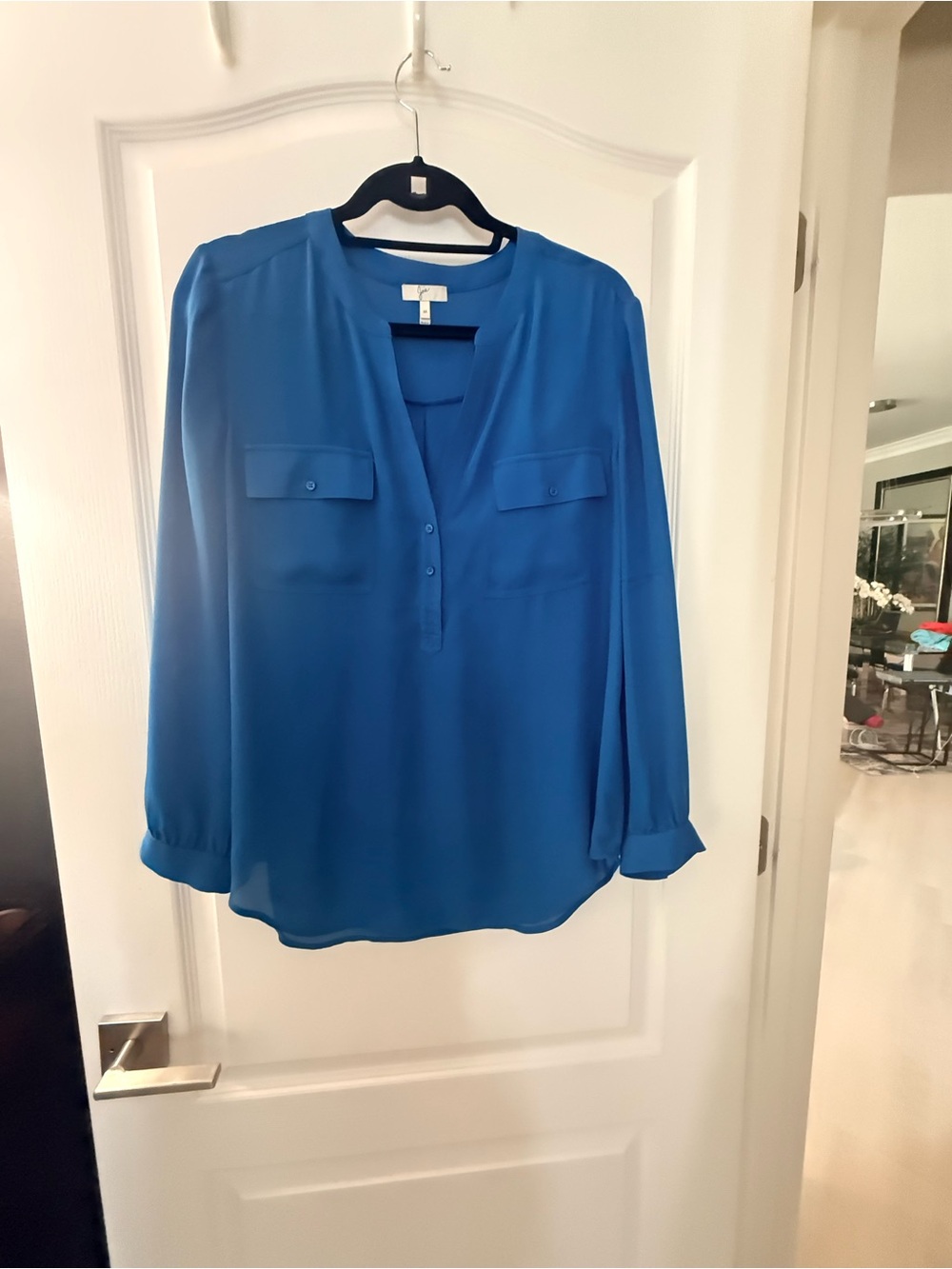 Joie Vibrant Blue Split-Neck Long Sleeve Blouse